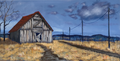 Painting of a rustic barn in a field with a blue sky.