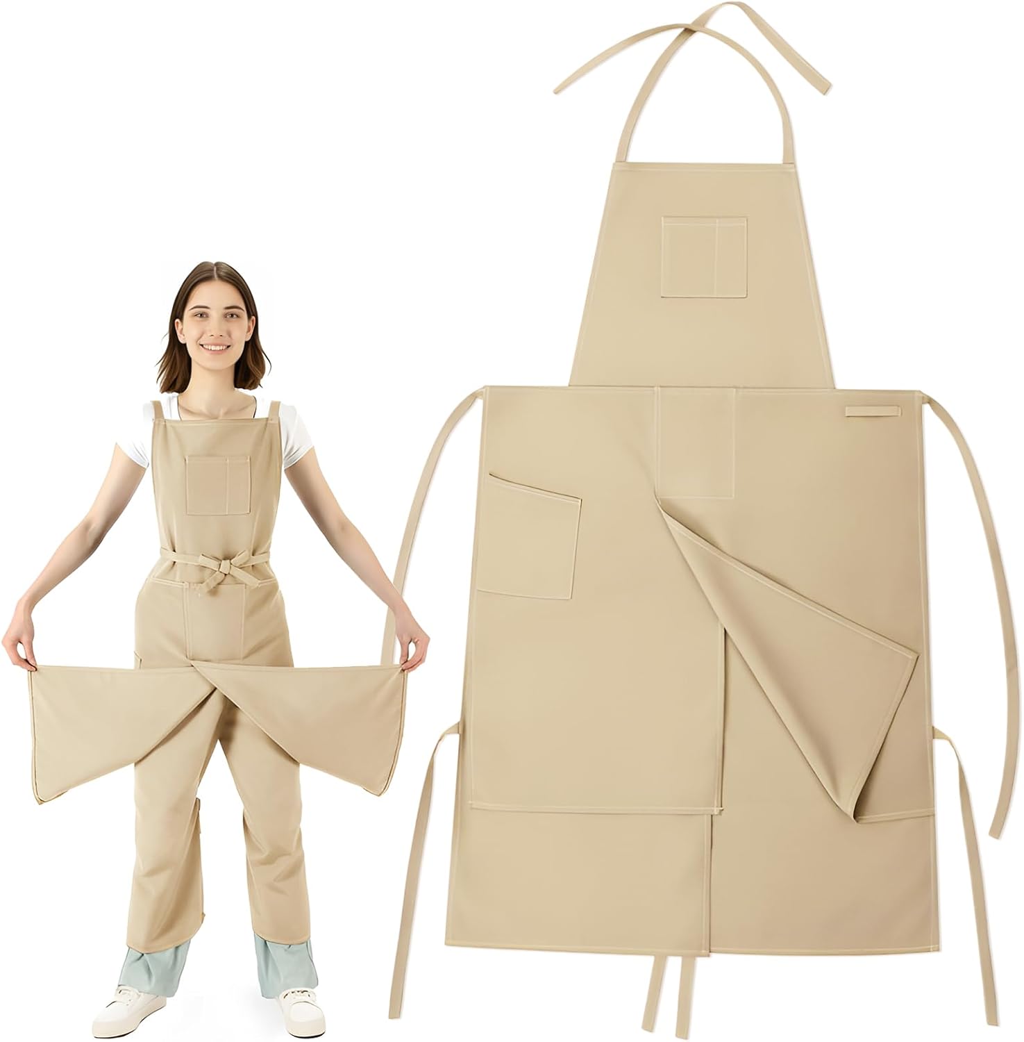 CMS046 - Split Leg Pottery Apron, 2 Layer DIY Ceramic Apron with Convertible Pants, Large Pockets Towel Loop Smock