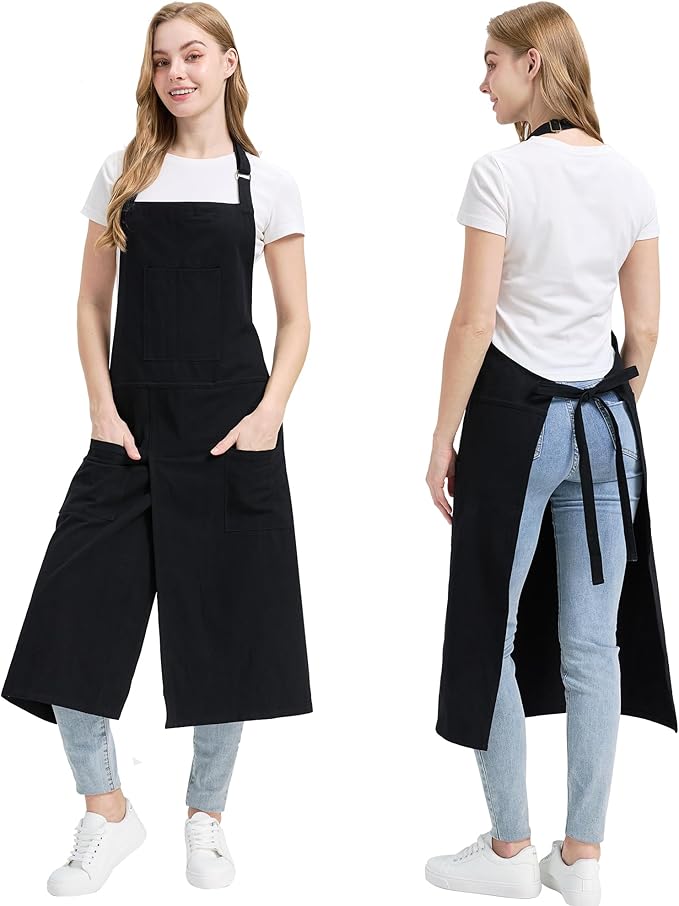 CMS048 - Split Apron with 3 Pockets, Unisex Pottery Apron with Adjustable Strap - Pink