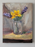 Painting of flowers in a jar on a textured surface