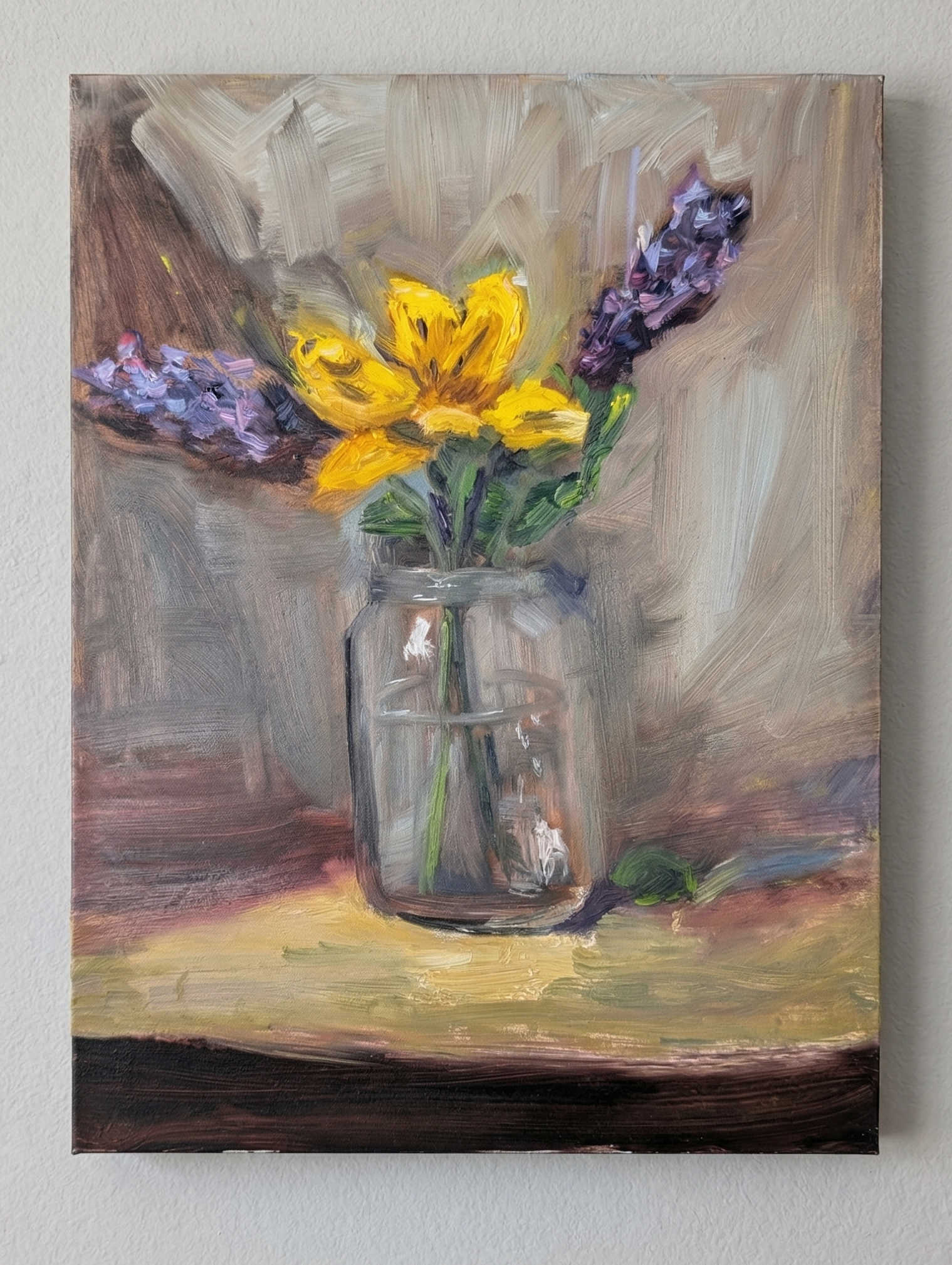Painting of flowers in a jar on a textured surface