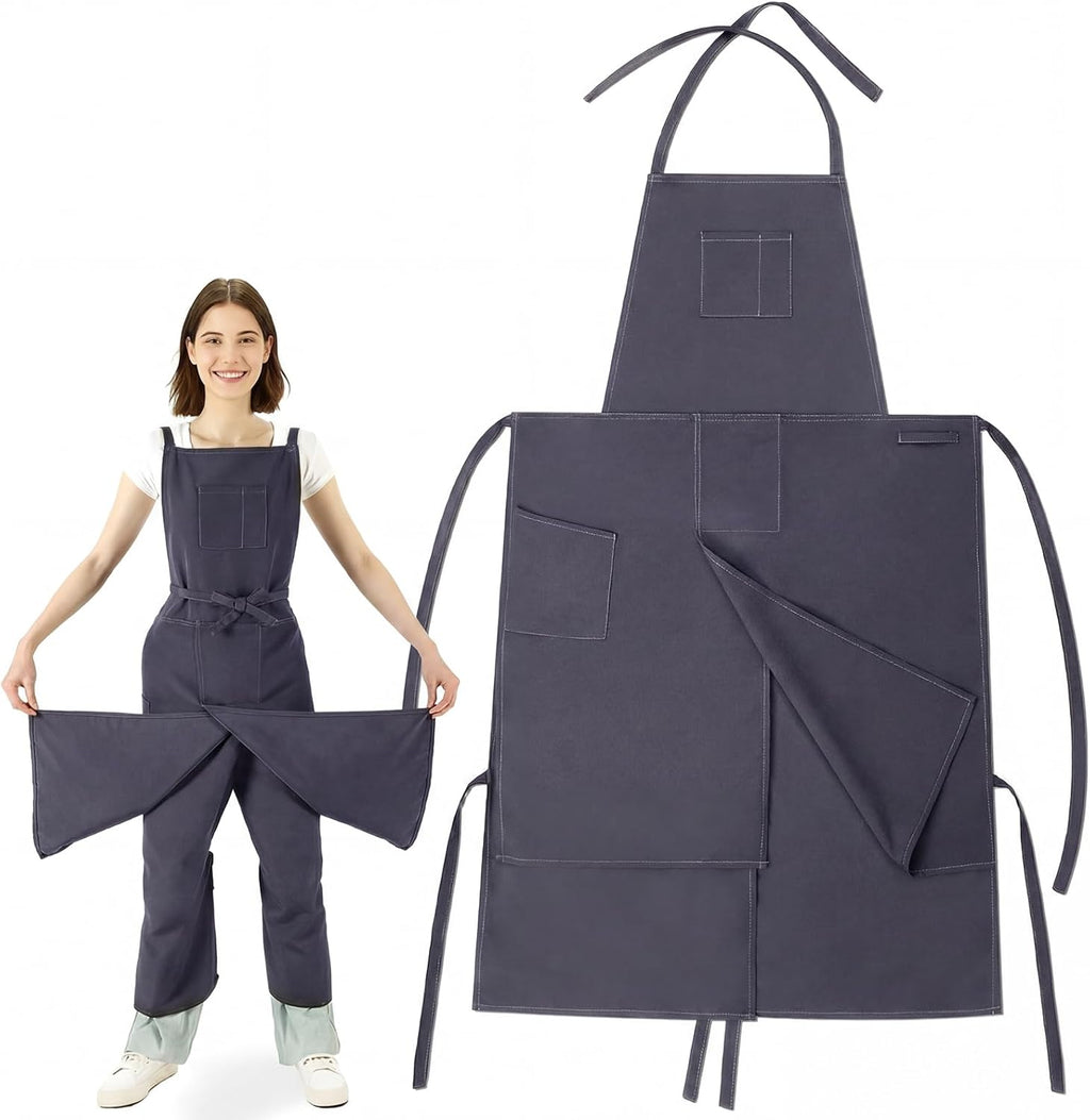 CMS046 - Split Leg Pottery Apron, 2 Layer DIY Ceramic Apron with Convertible Pants, Large Pockets Towel Loop Smock