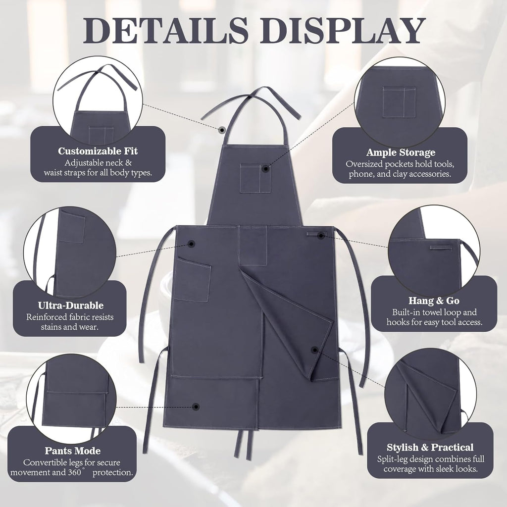 CMS046 - Split Leg Pottery Apron, 2 Layer DIY Ceramic Apron with Convertible Pants, Large Pockets Towel Loop Smock