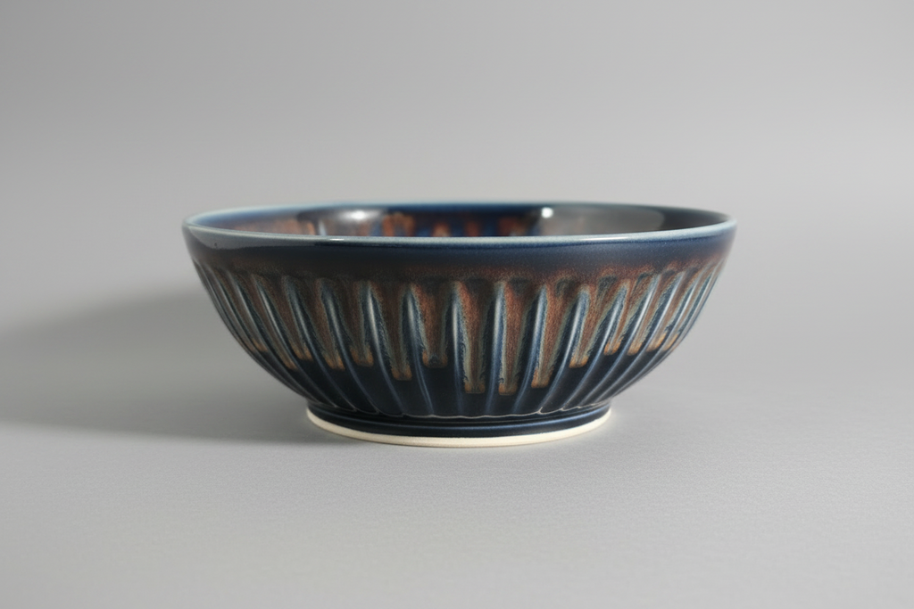 Ceramic bowl with a textured surface on a dark surface, with smartphone interface at the bottom.