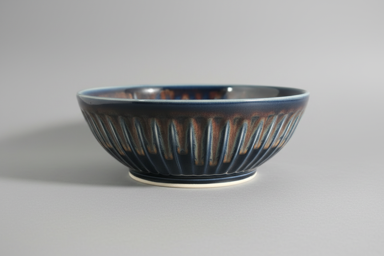 Ceramic bowl with a textured surface on a dark surface, with smartphone interface at the bottom.