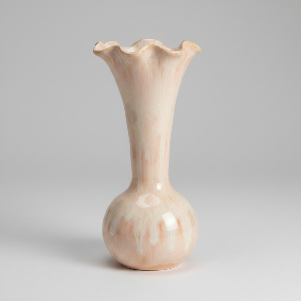 Beige ceramic vase with a flared top on a gray background