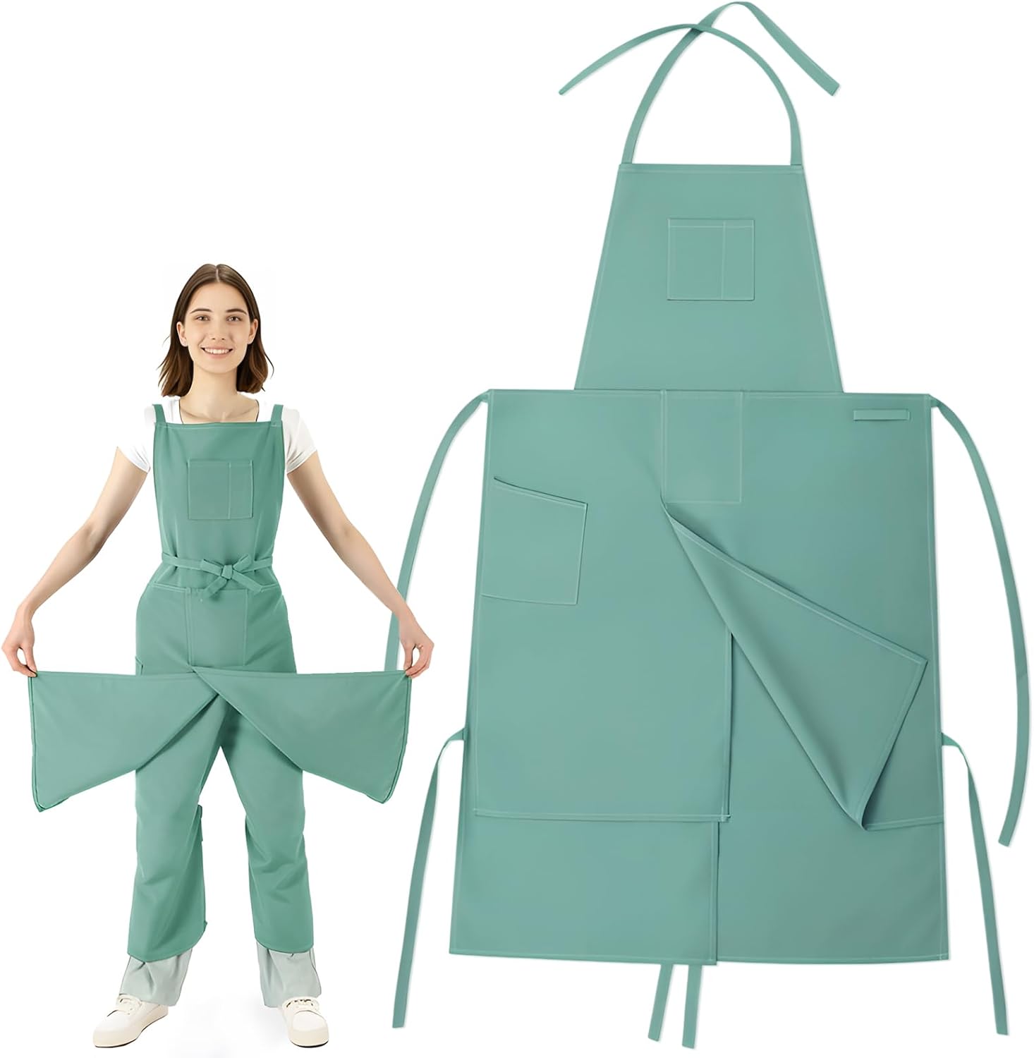 CMS046 - Split Leg Pottery Apron, 2 Layer DIY Ceramic Apron with Convertible Pants, Large Pockets Towel Loop Smock