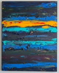 Abstract painting with horizontal stripes of blue, orange, and black on a white wall.