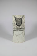 Cylindrical ceramic vase with black line art on a white background