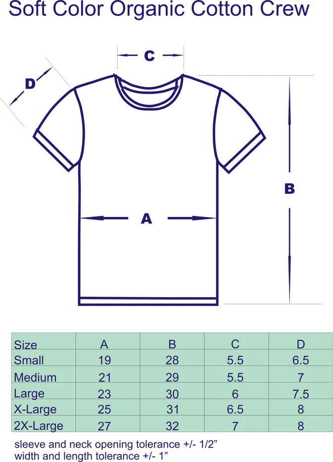 Measurement chart for a soft color organic cotton crew t-shirt with dimensions labeled.