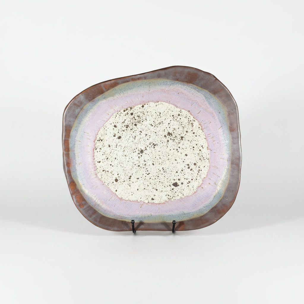 Decorative plate with a speckled center on a dark background