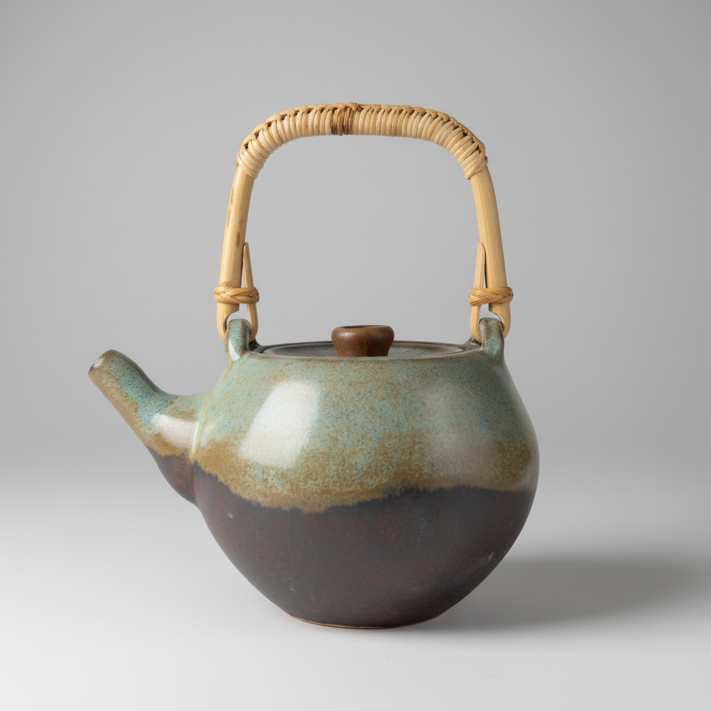 Ceramic teapot with a wicker handle on a gray background