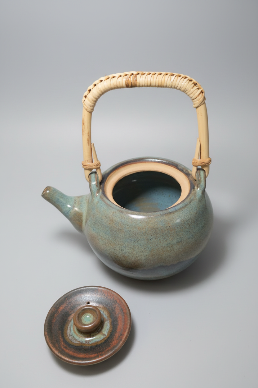Ceramic teapot with a wicker handle on a gray background