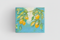 Painting of oranges on a branch with leaves on a blue background