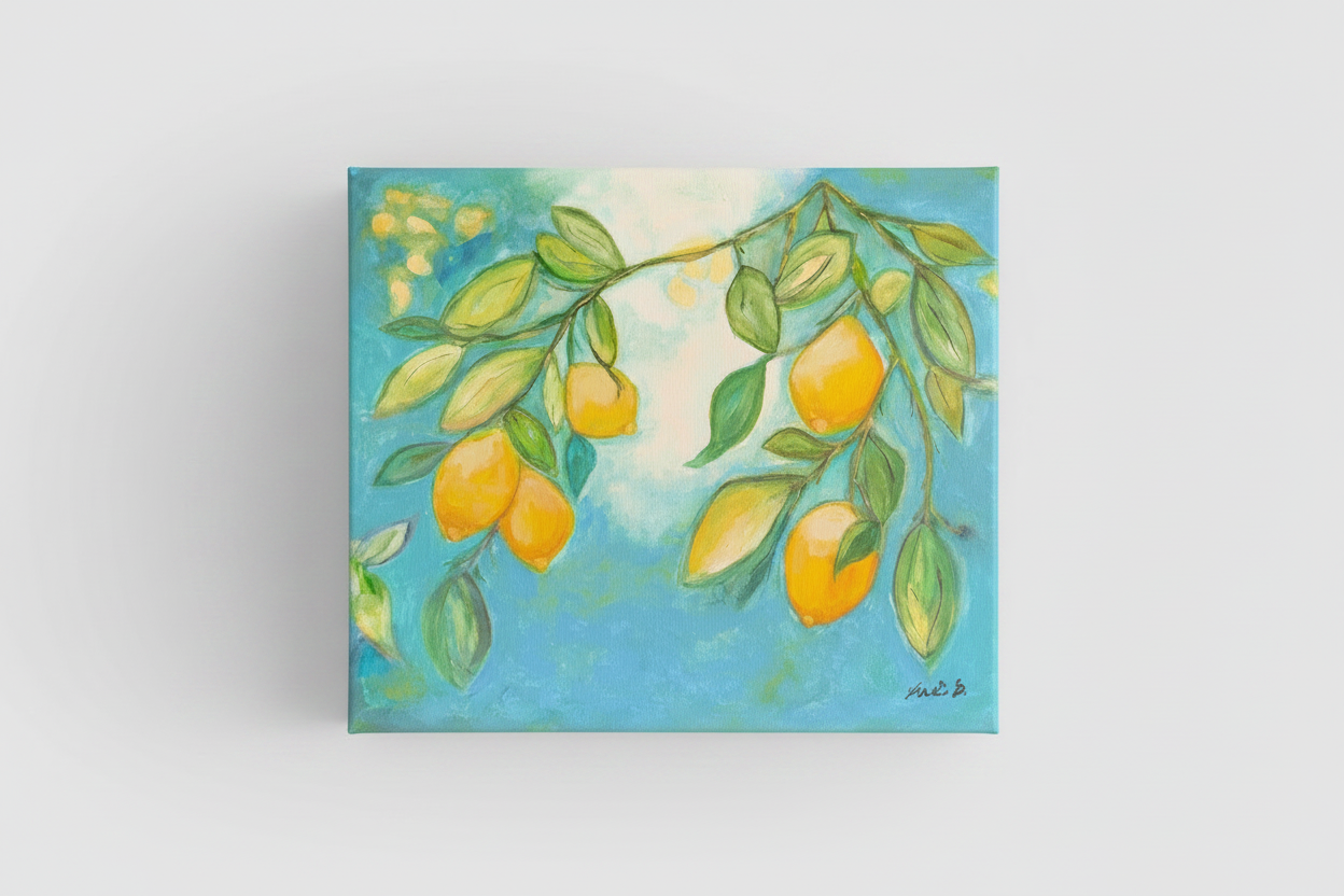 Painting of oranges on a branch with leaves on a blue background