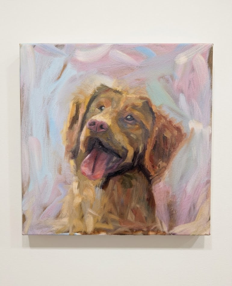 Using a palette of warm ambers, honey-golds, and soft terracotta, the artist has captured the expectant, happy gaze of a dog in mid-wag. The background is a dreamlike swirl of lavender, pale blue, and cream, suggesting a bright day at the park or a sun-drenched living room.